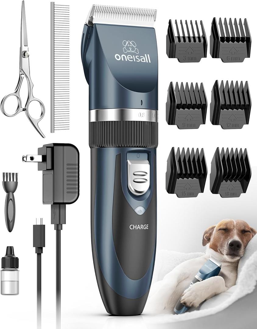 Oneisall Dog Shaver Clippers Low Noise Rechargeable Cordless Electric Quiet Hair Clippers Set for Dogs Cats Pets (Blue)
