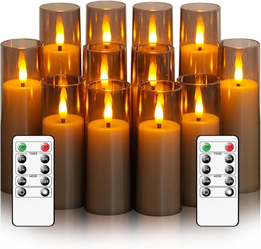 Small Flickering Flameless Candles - Battery Operated LED Fake Candles, Pack of 12 (D1.57 x H4 5" 6") for Holiday Decor, Home, Weddings (Grey) (Gray)