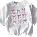 RoseSeek Girl's Graphic Tees Short Sleeve Bow Print Tee Tops Crew Neck Drop Shoulder Casual Summer T Shirts White, Size: 9Y