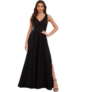 Women's Formal Dress V Neck Sleeveless Winter Wedding Guest Split Cocktail Party Prom Long Dresses (Black, M)