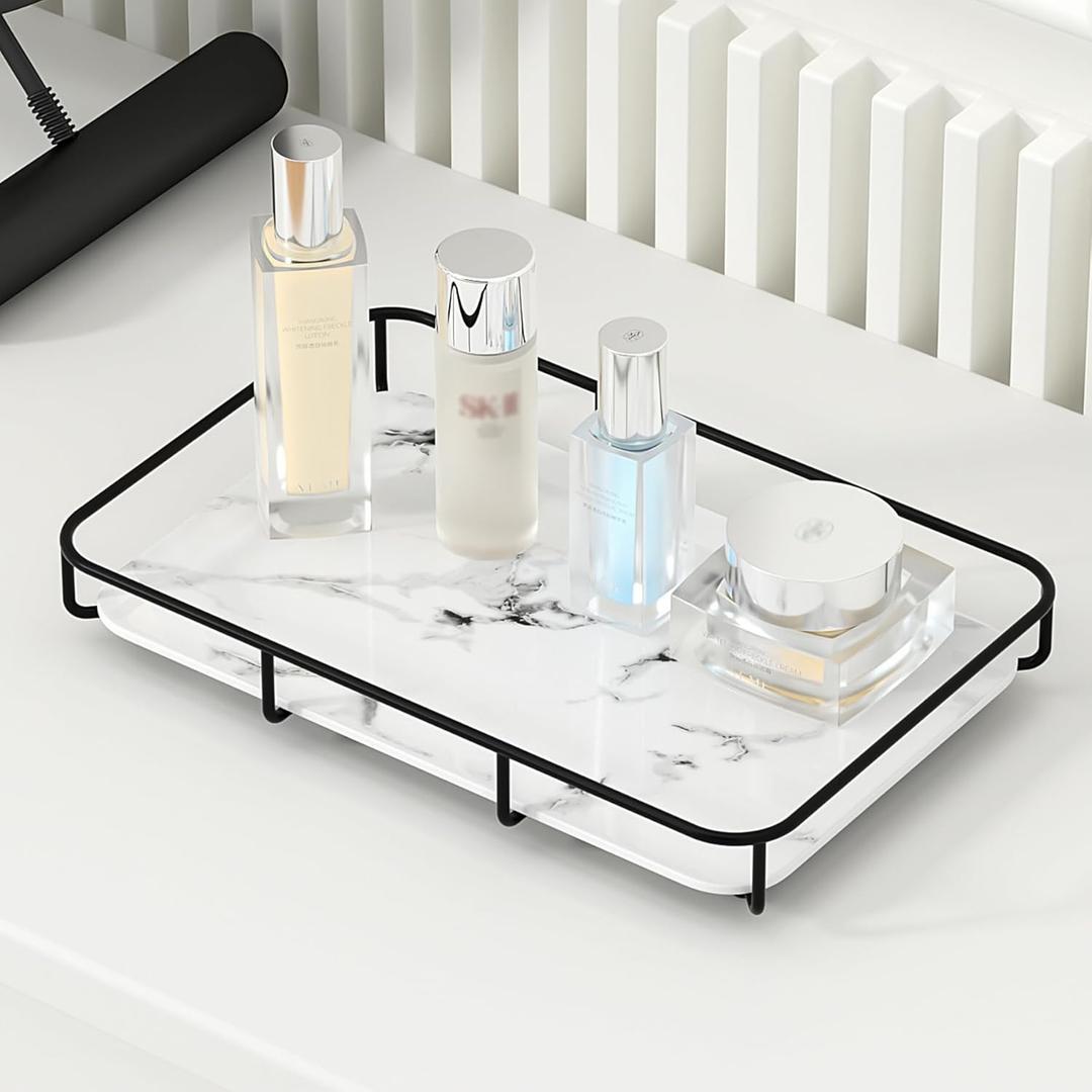 Dobbyby Vanity Tray Makeup Organizer Cosmetics Storage Bathroom Skincare Organizer Countertop Display Rack in Dresser Stainless Steel Shelf Marble Print Ceramic Trays