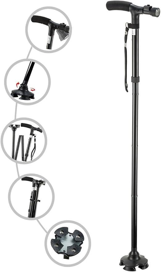Walking Cane with LED Light for Seniors Men Women, Adjustable Folding Canes for Elderly, Ergonomic Handle & All Terrain Shock Absorbing Base, Walking Sticks for Indoor Outdoor Travel Hiking Support