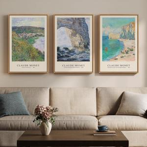 3 Piece Framed Monet Landscape Wall Art for Living Room, Large Impressionist Vintage Coastal Picture Canvas Prints Painting, Classic Nature Artwork Decor for Bedroom Hallway 16x24 Inch, 16w" X 24h"x3pcs