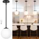 Bagood 8" Globe Pendant Light Black Mid Century Modern Light Fixture Milk Glass Pendant Light Globe Pendant Lights Kitchen Island Matte Black Finished with Milk Glass Lampshade for Dining Room