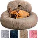 PetJett Calming Dog Beds for Small Dogs 23" Donut Dog Beds, Anti-Slip & Washable Puppy Bed - Fluffy Plush Faux Fur Pet Bed, Anti-Anxiety Premium Comfort Round Pillow, Fits Dogs up to 25 lbs Beige, small