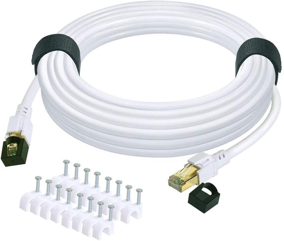Cat 8 Ethernet Cable 30ft Internet Network LAN Patch Cable Cord Shielded High Speed 40Gbps 2000Mhz RJ45 Cables for Gaming, Router, PS4, Xbox - Compatible with Cat7/Cat6a/Cat5e Network - White
