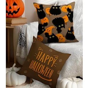Puresora Halloween Pillow Covers 18x18 Set of 2 Throw Pillow Cases Soft Cushion Case Pillowcase for Chair Sofa Bedroom Living Room Home Decor, Cat