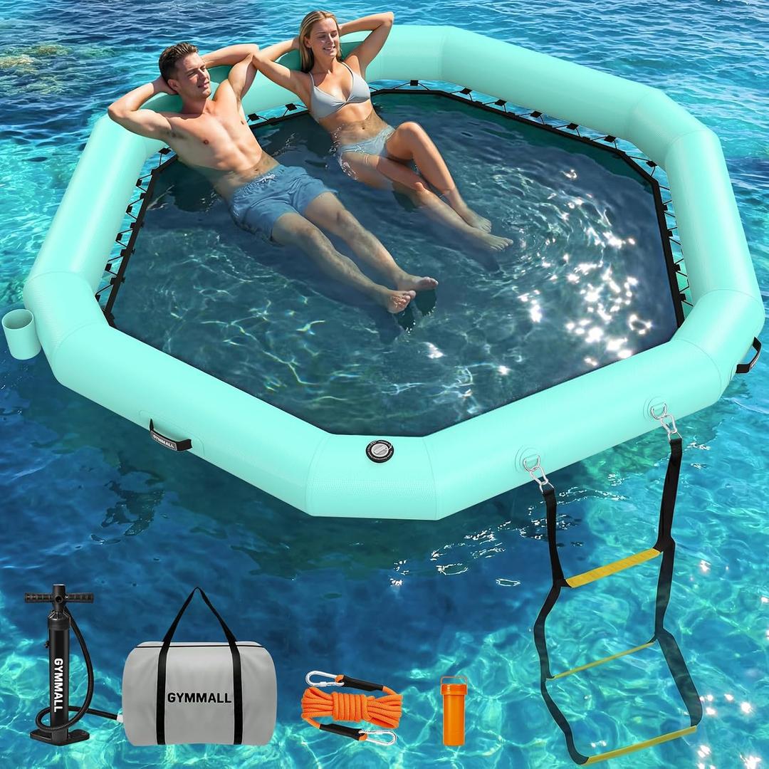 8FT Hexagon Inflatable Water Hammock wit Mesh Center, Floating Dock Heavy Duty PVC Lake Floats Platform with Cup Holders, Portable Floating Island with Carry Bag for Pool, River & Ocean