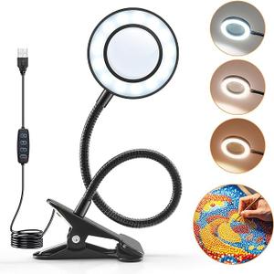 10X Lighted Magnifying Glass - 3 Colors & 10 Brightness Clip On Desk Lamp with Clamp Light - 1000 Lumen Hands Free Magnifier