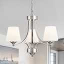 Brushed Nickel Dining Room Light Modern Sliver Chandelier with Frosted Glass, 3-Light Metal Farmhouse Kitchen Island Light Fixtures E26 Hanging Pendent Lighting for Living Room, Kitchen, Foyer