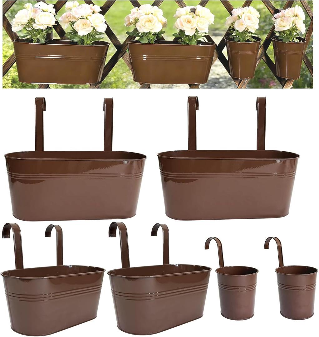 Set of 6 Balcony Hanging Planters, 2 Pcs 17" Metal Railing Flower Pots & 2 Pcs 12" Deck Planter & 2 Pcs 4" Fence Pot for Outdoor Patio Garden Dcor, Chocolate