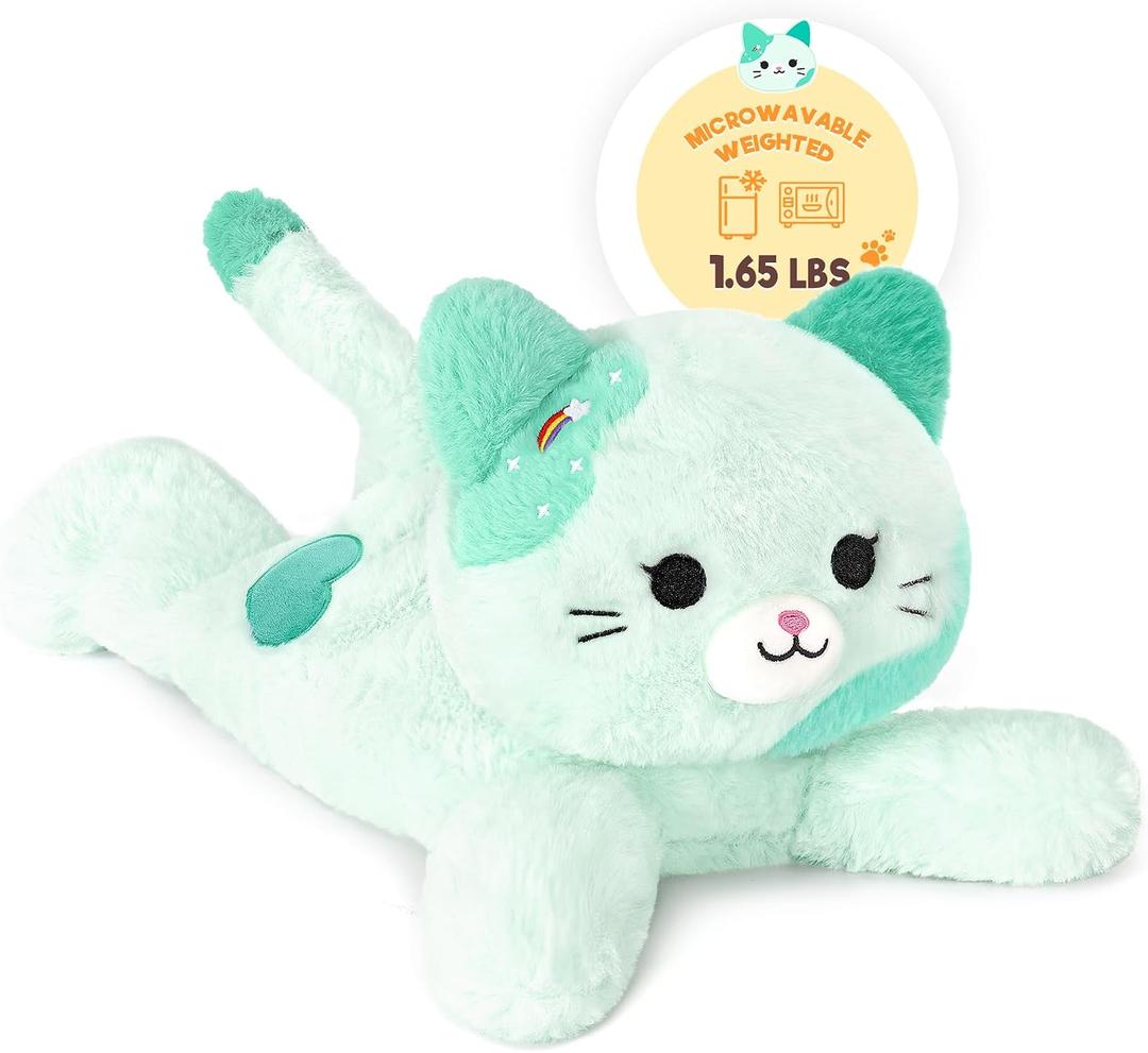 Onsoyours Original Heatable & Weighted Blue Rainbow Cat Stuffed Animals, 15" Microwavable Kitten Plushie for Warmth & Comfort - Cute Plush Toys for Kids and Adults