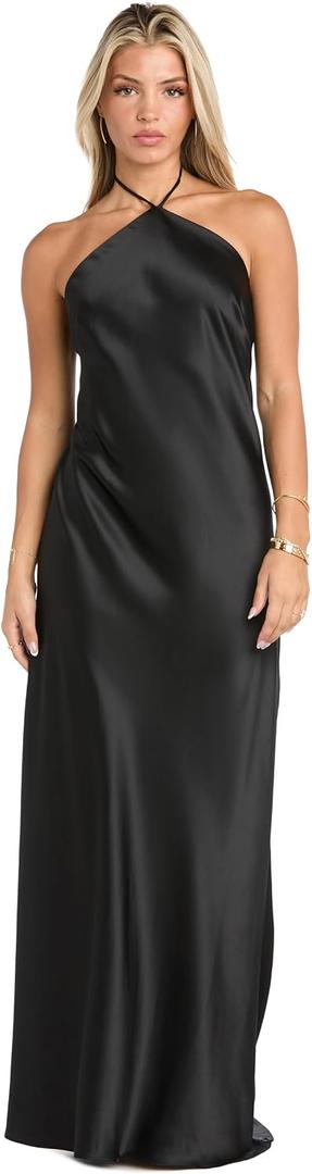 Women's High Neck Open Back Satin Maxi Dress (Black, M)