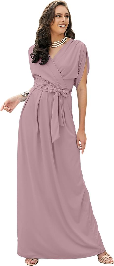 KOH KOH Womens Long Semi-Formal Short Sleeve V-Neck Floor Length Maxi Dress Gown (Pink, XL)