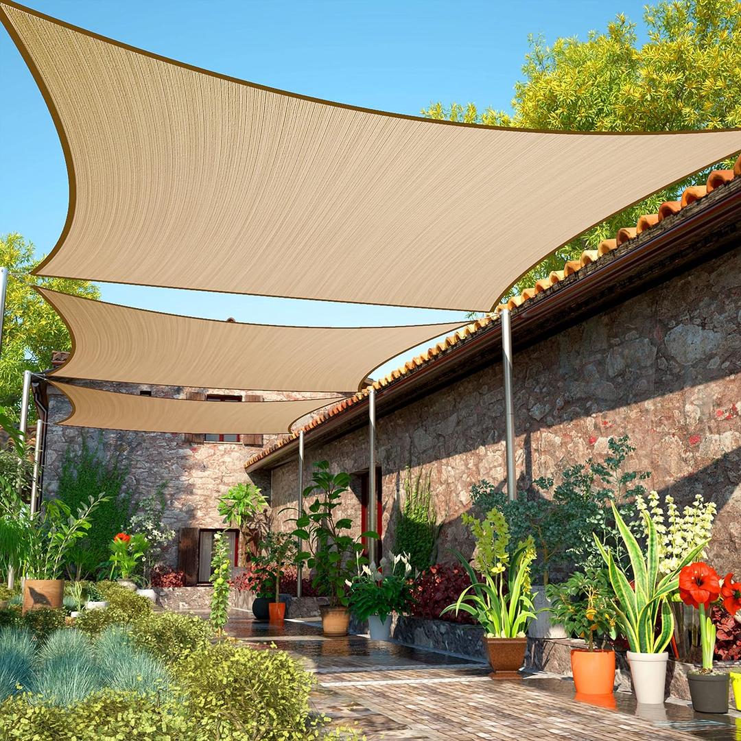 ShadeMart 8' x 10' Sand Sun Shade Sail UPF50 Rectangle Canopy Fabric Cloth Screen SMTAPR0810, Water and Air Permeable & UV Resistant, Heavy Duty, Carport Patio Outdoor - (We Customize Size)
