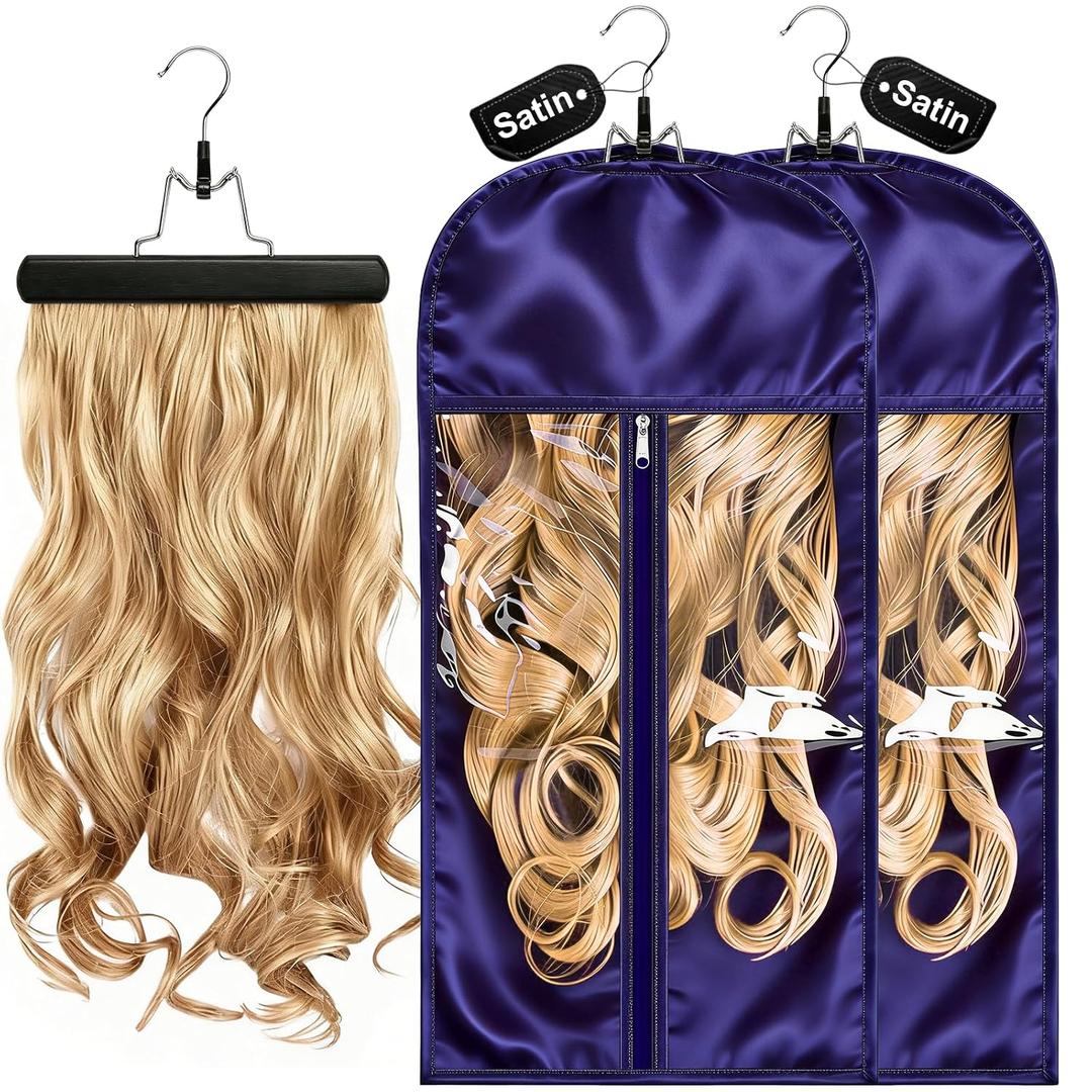 2 Pack Purple Silk Satin Wig Storage Bag with Hanger, Breathable Hair Extension Holder for Styling & Organizing, Dust-proof Silk Case for Protecting Hair Extensions & Wigs