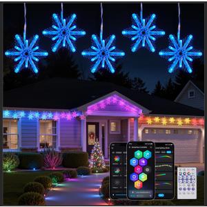 Brightown Smart Christmas Snowflake Lights, 12ft 96LED with 8 Drops Outdoor Icicle Lights with APP Control & Music Sync, Waterproof Connectable, 80+ Scene Modes for Roof, Window, Yard, Patio