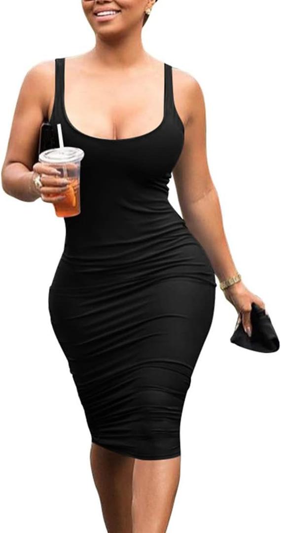 Mokoru Women's Casual Basic Pencil Tank Dress Sexy Sleeveless Bodycon Midi Club Dress (Black)