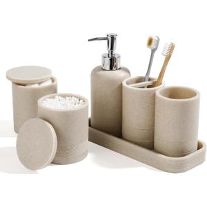 Bathroom Accessories Set, 6-Piece Bathroom Accessory Set, Toothbrush Holders Set, Soap Dispenser, Vanity Tray, Tumbler, Cotton Swab Jars, Bathroom Organizer for Modern Bathrooms, (Beige)