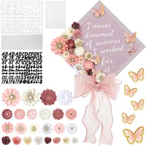 MotiMind 46 Pcs DIY Graduation Cap Decorations Kit Included Paper Flowers, 3D Butterfly Stickers, Rhinestone, Letter, Pearl Stickers, Mesh Ribbon Bow for DIY Grad Cap Decor(Pink)