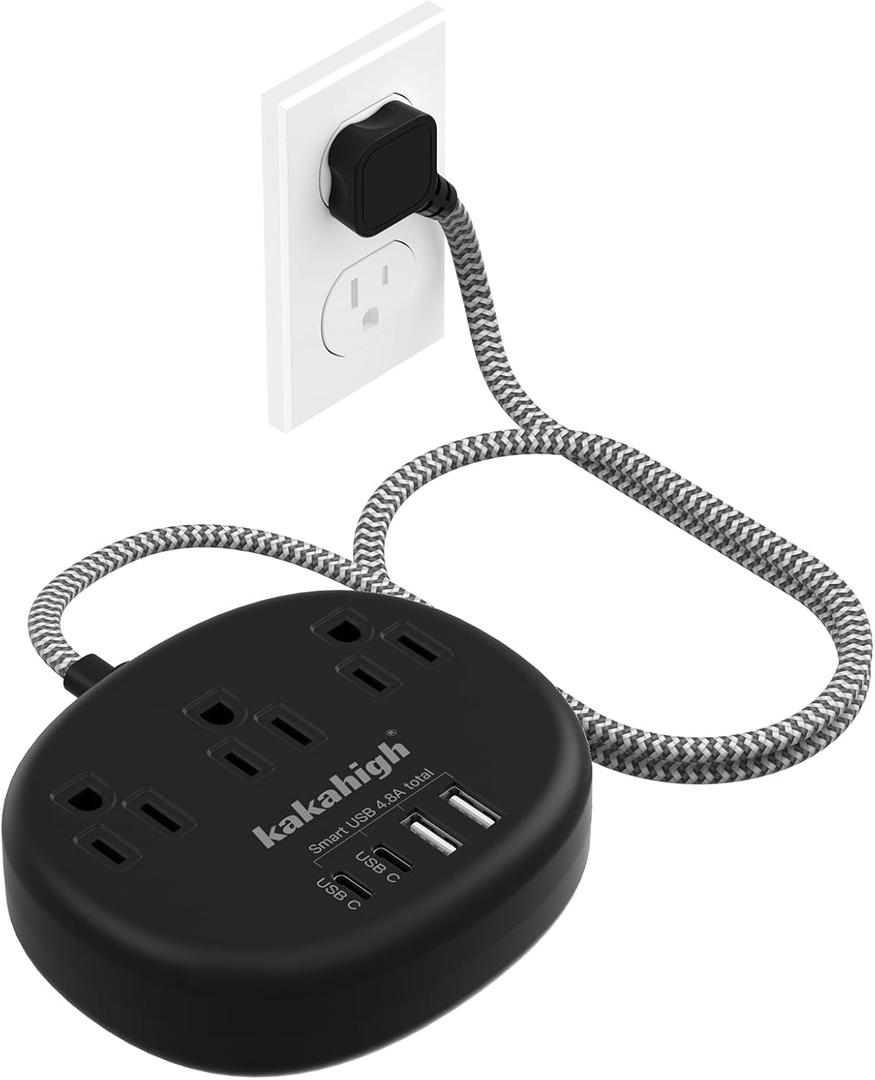 Short Extension Cord Black - Extension Cord 5 Feet, 1625W Power Strip 3 Prong with 3 AC Outlet 4 USB (24W/4.8A), Bedside Charging Station for Home, Office and Dorm