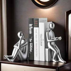 Home Decorative Reading Book Statue Bookends Elegant Resin Bookshelf Room Office Desk Decor,Paper Weights, Book Ends,Bookend Supports, Book Stoppers, Set of 2 (Silver)