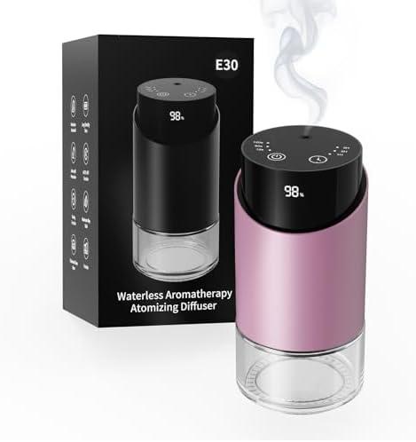 Waterless Essential Oil Diffuser Aromatherapy Scent Diffusers for Home Large Room, Car, Office, Desk, Mini Battery Operated Cordless Air Freshener, 4 Timers & 3 Mist Levels, 100ml Capacity (Pink)
