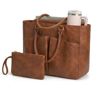 Laptop Tote Bag for Women 17.3 Inch Leather Work Bags, Large Capacity Tote Bag With Large Cup Holder for Women,Vintage Computer Bags for Laptops Nurse Teacher Bag Waterproof Office Briefcase