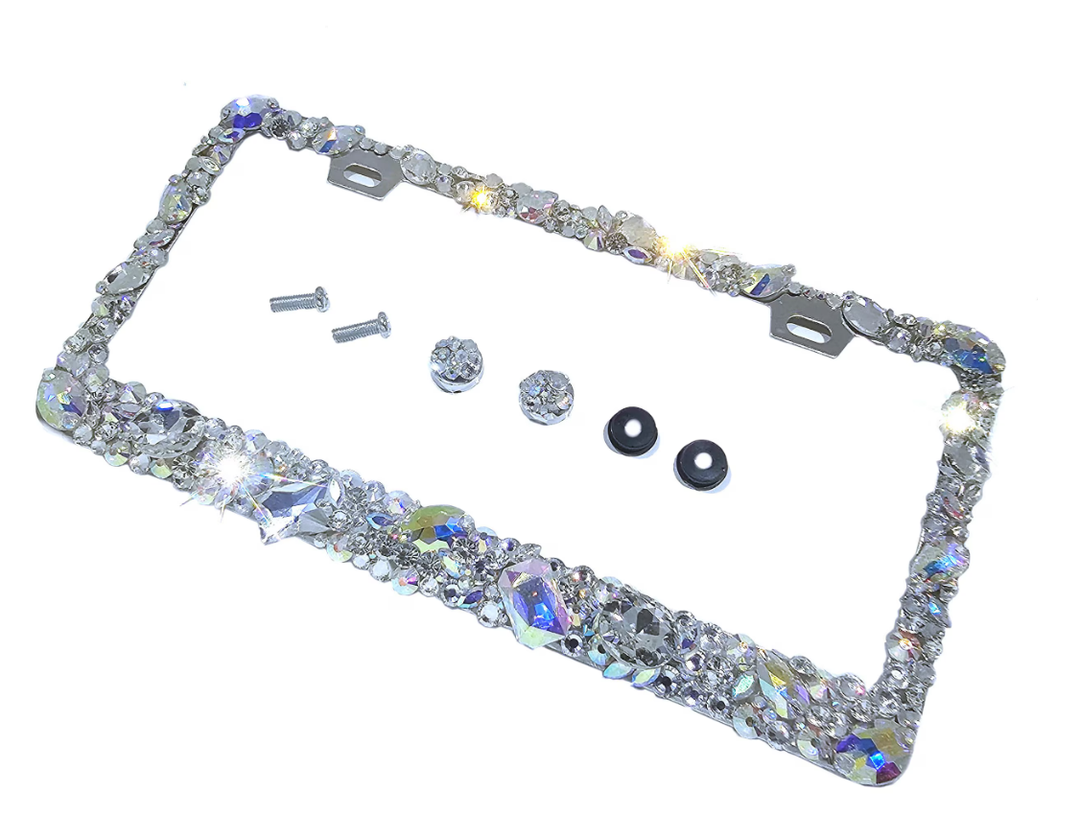 3D Bling License Plate Frame: AB Clear Glass Rhinestones, Anti-Theft