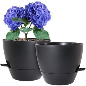 WSMKSZ 10 inch Self Watering Pots, 2 Pack Plastic Planters with Mesh Drainage Holes for Garden Plants and Flower, Plants Pots with Deep Reservoir for Indoor Outdoor Plants, Black