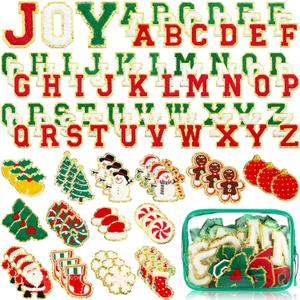 Yilloog 120 Pcs Christmas Iron on Patches Chenille Letter Patches Include 78 Letters Patch 42 Snowman Socks Santa Snowflake Patch DIY Craft for Clothing Jackets Xmas Gift (Green, Red, White)