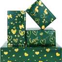 Love Heart Wrapping Paper,4 Folded Sheets Green with Gold Gift Wrapping Paper Love Pattern Craft Paper with Glod Ribbon for Wedding Valentine's Day Women Man Girl Boy Gift Wrap Supplies,28x20 inches