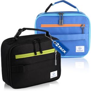 Genteen 2 Packs Insulated Soft Lunch Bag With Double Zipper - Sturdy, Freezable and Reusable for Kids, Men - For School, Work, Outdoor (Black & Blue)