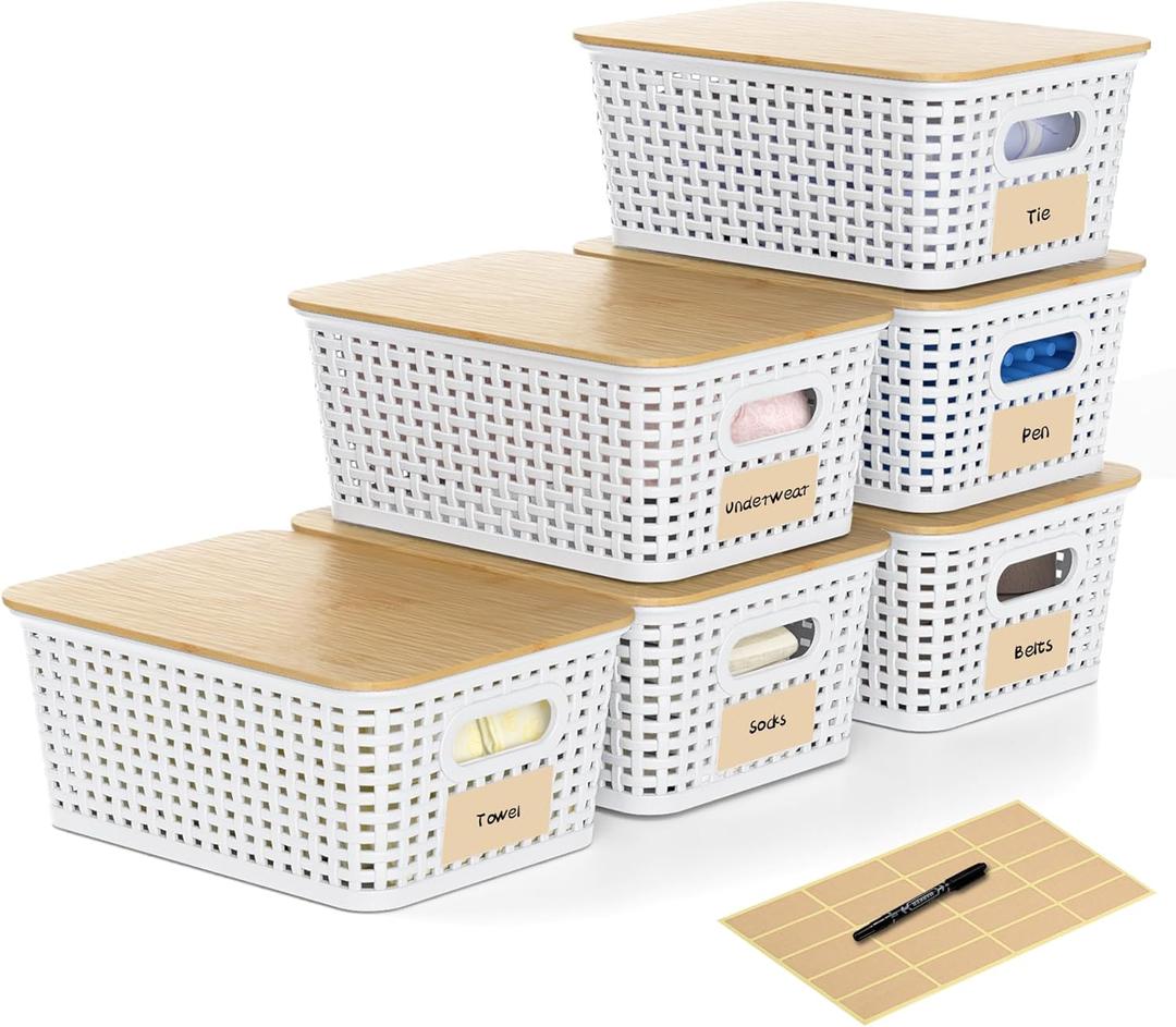 Plastic Storage Baskets with Bamboo Lids and Labels, Stackable Storage Containers, Storage Bins for Organizing Shelves Drawers Desktop Closets Office, 6 Packs-White