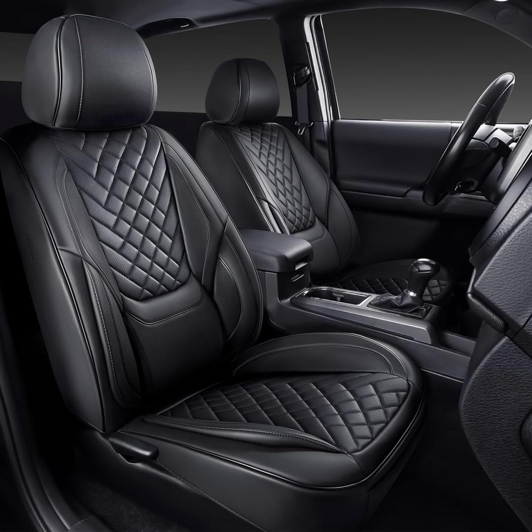 Tacoma Seat Covers Full Set 2016-2023, Leather Pickup Truck Seat Covers with Lumbar Support Custom Fit for Toyota Tacoma Double/Crew Cab SR SR5 TRD Sport TRD Off-Road TRD Pro(Black)