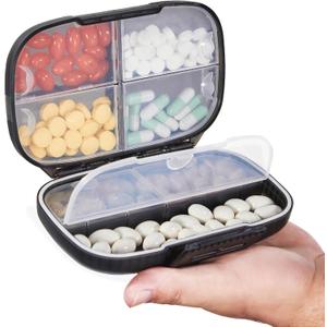 Sukuos Travel Pill Organizer Weekly with Double Lock, Portable Pill Box with Large 7 Compartment, Airtight Daily Medicine Case Container with Labels for Vitamins/Fish Oils/Supplements (Black)