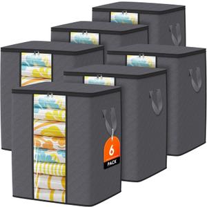 SpaceTrove Blanket Storage Bags, 6-Pack Comforter Blanket Organizers, 80L Large Capacity Containers with Visual Window for Clothing, Quilt, Sheet, Pillow, Closet Organization for Bedding (Grey) (Gray)