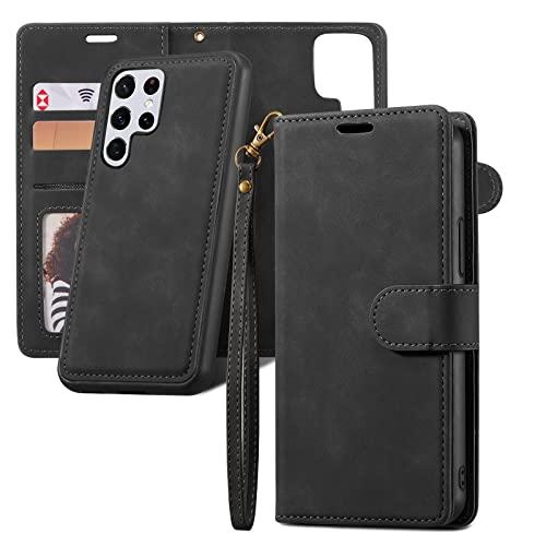 QLTYPRI Case for Samsung Galaxy S25 Ultra, 2 in 1 Detachable Wallet Case PU Leather with Card Slots Kickstand Wrist Strap Magnetic Closure Shockproof Flip Cover for Samsung S25 Ultra - Black