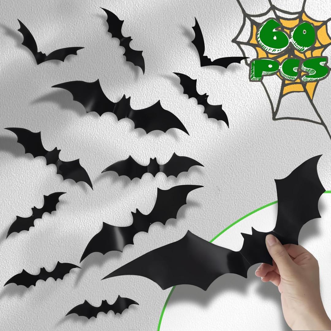 4 x 3D Bats Halloween Decoration, 60PCS 4 Sizes Realistic PVC Scary Bats Window Decal Wall Stickers for DIY Home Indoor Hallowmas Decor Party Supplies