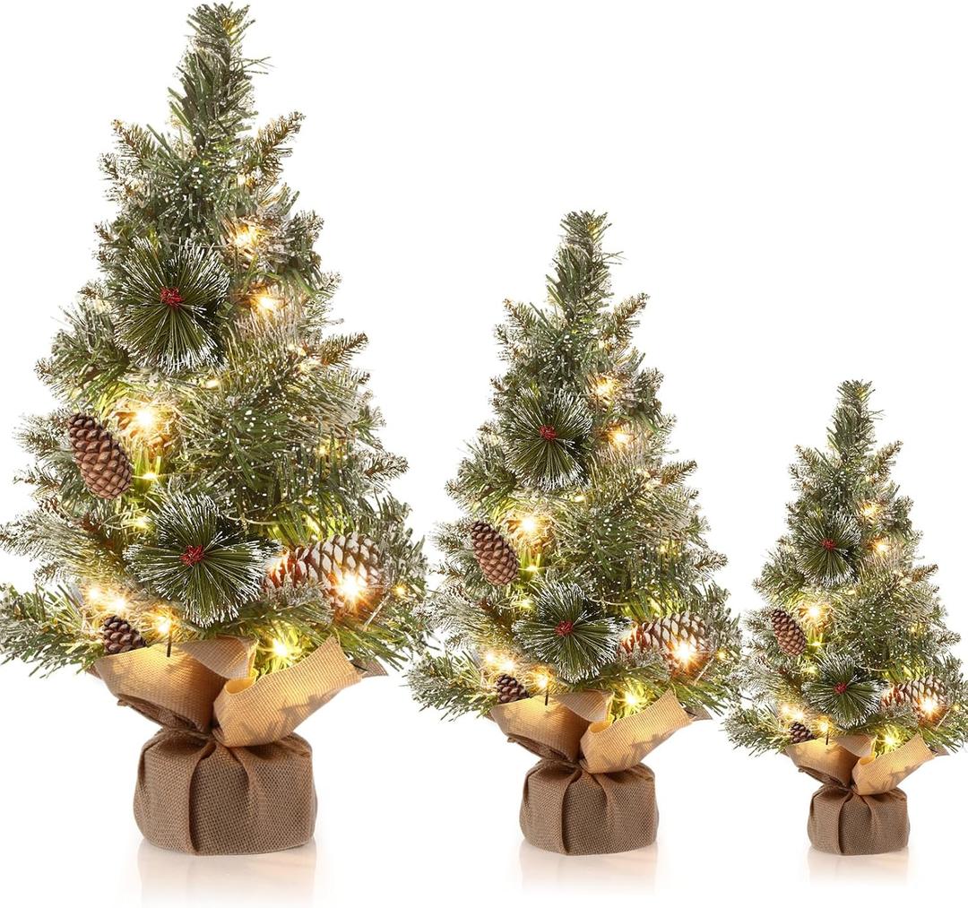Skylety 3 Pcs Mini Christmas Tree Small Prelit Artificial Tree for Desktop Glittery Pine Miniature Christmas Trees with Light for Xmas Home Tabletop Decoration (Linen Base)
