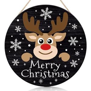 CHDITB Merry Christmas Sign,Reindeer Welcome Wood Sign, Farmhouse Round Xmas Wooden Sign,Funny Winter Wooden Door Hanger Decorative,Funny Holidays Deer Face Wooden Front Door Hanger