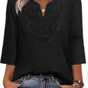 WIHOLL 3/4 Length Sleeve Womens Tops Boho V Neck Lace Shirt Trendy Blouses Dressy Casual Vacation Clothes S-3XL (Black, XXXL)