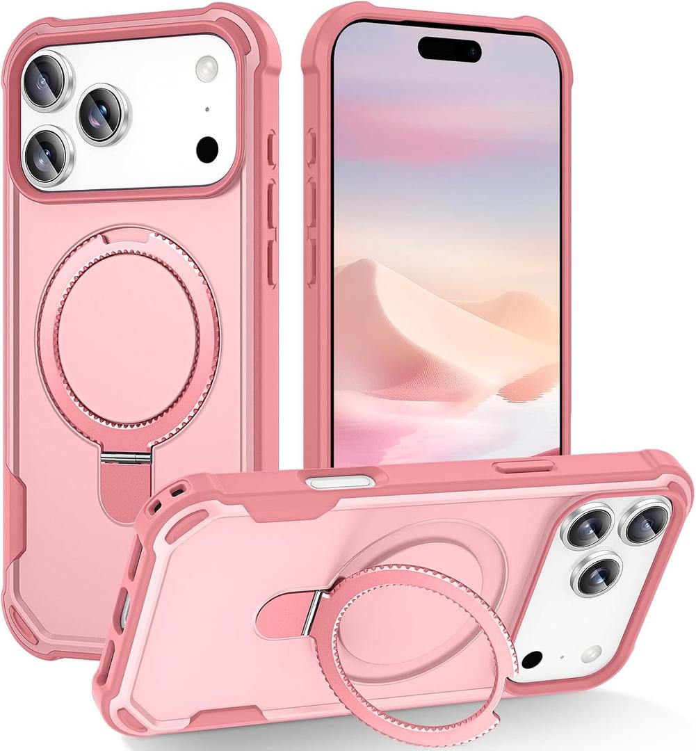 2 x Compatible with iPhone 17 Pro Case with Invisible Magnetic Kickstand [Compatible with MagSafe] [10-FT Military Drop Protection] Slim Hard Back Soft Edge Phone Cover 6.3 Inch, Pink