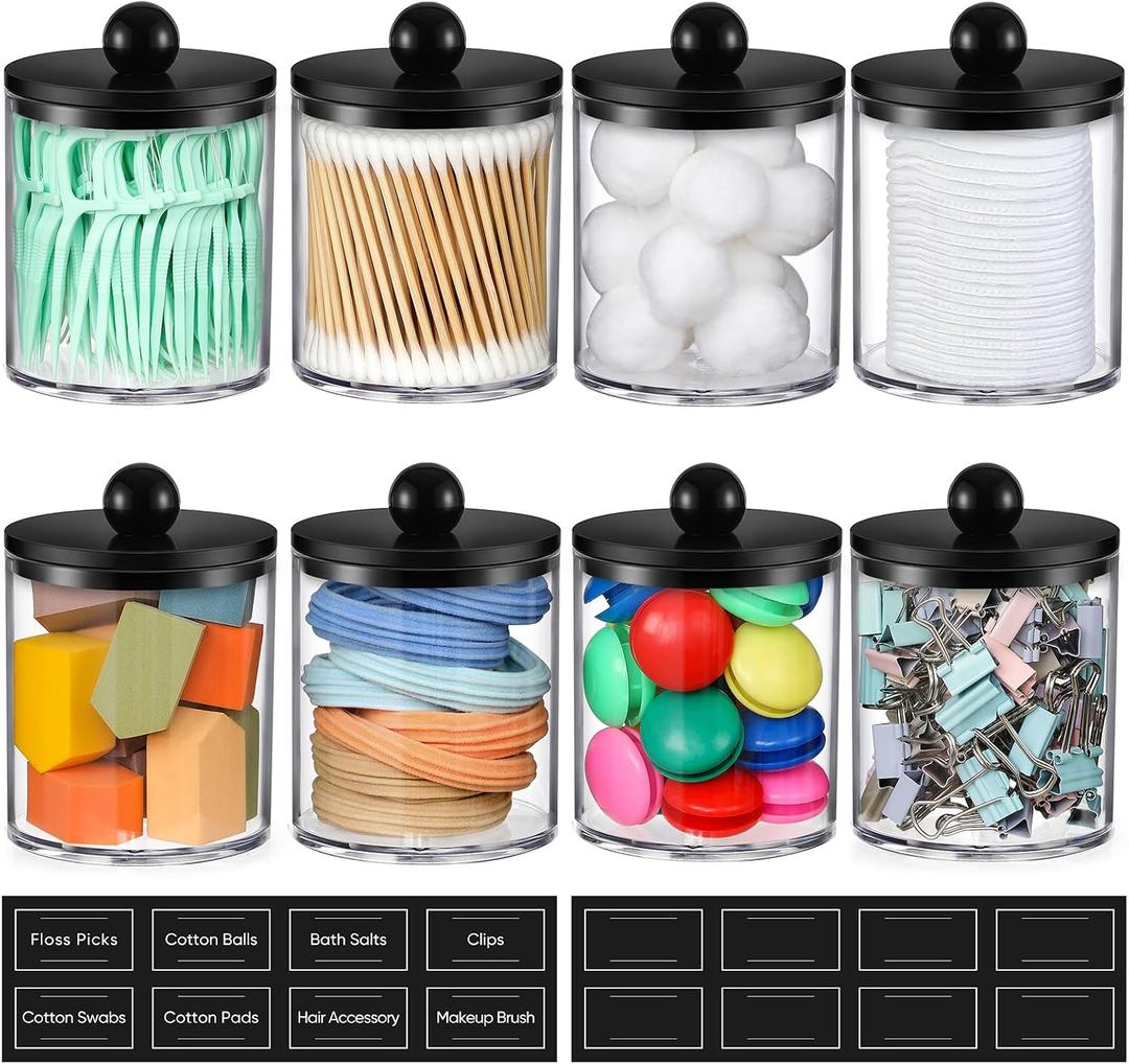 8 Pack Acrylic Qtip Holder Dispenser for Cotton Swabs, Balls, Pads, Floss - Plastic Canister Apothecary Jar Set, Bathroom Essentials Accessories Decor Vanity Makeup Storage Organizer - Clear & Black
