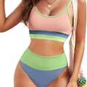 Herseas Womem 2 Piece High Waisted Bikini Sets Color Block Popular Swimsuits 2026 Summer Beach Swim Best Bathing Suits (Large)