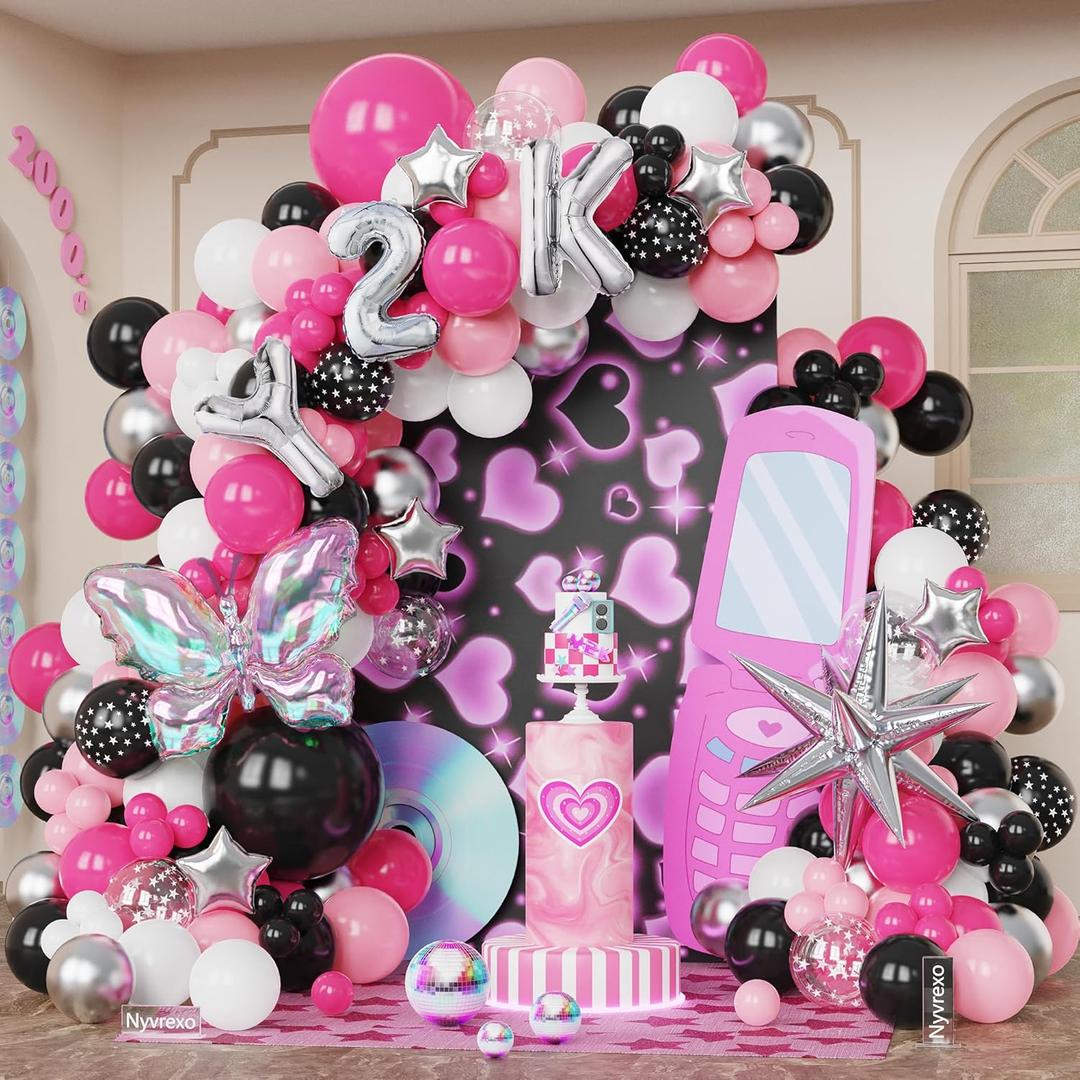 Y2K 2000S Party Decorations, 135Pcs Hot Pink Black Hip Hop Balloons Arch Garland Kit with Explosion Star Butterfly Foil Balloons for Back to the Early 2000s Pink Birthday Room Decor