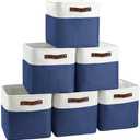 FinishingBo Cube Storage Baskets 6 Pack, 11x11 inch Foldable Cube Storage Bins with Leather Handles for Shelf Closet Nursery Toys (White/ Blue)