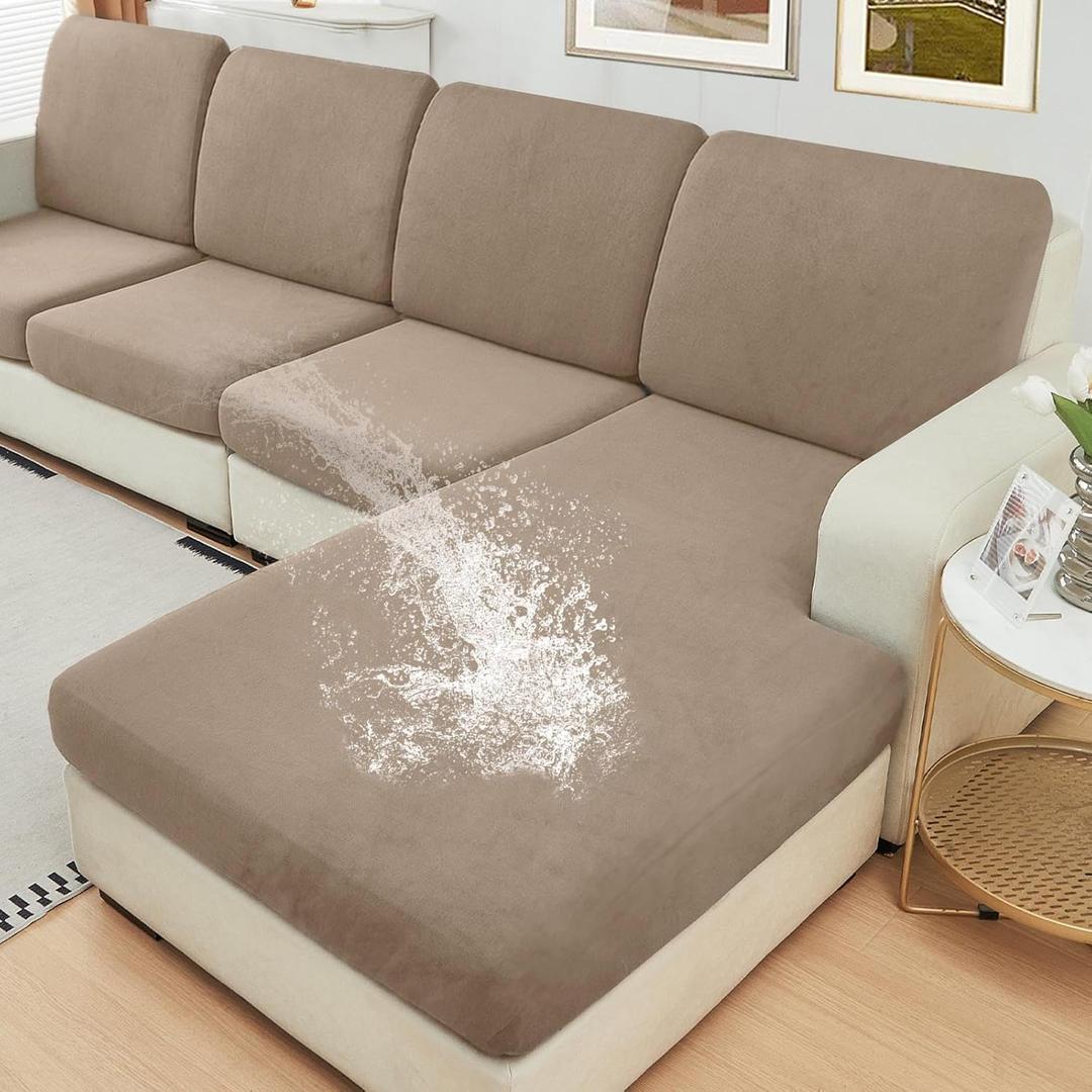 NAISI Waterproof Couch Cushion Covers Thick Velvet Fabric Washable Sofa Slipcovers Sectional Couch Covers for 3 Pieces Separate L Shape Couch Cover with Elastic Bottom(2 Seater + 1 Chaise,Sand)