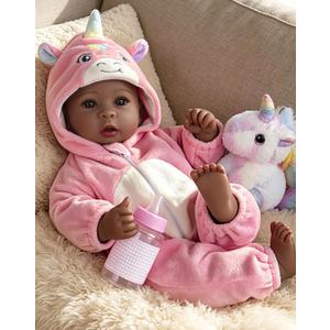 Aori 17 Inch Black Baby Dolls Realistic Black Doll with Light Weighted Soft Body & Pink Outfits for Girls 3+ | Pretend Play, Dress Up, Nursery Decor