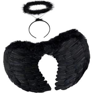 Black Angel Costume Wings and Halo Angel Costume for Women Girls Kids Halloween Christmas (Black) Black Angel Costume Wings and Halo Angel Costume for Women Girls Kids Halloween Christmas (Black)